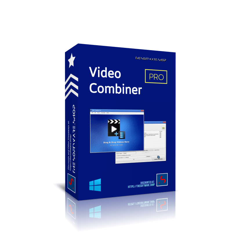 A blue software box with the text "Video Combiner Pro" on the front. The box features a screenshot of the appdoze interface and icons indicating compatibility with Windows. The Software Shop logo and a web address are also visible.