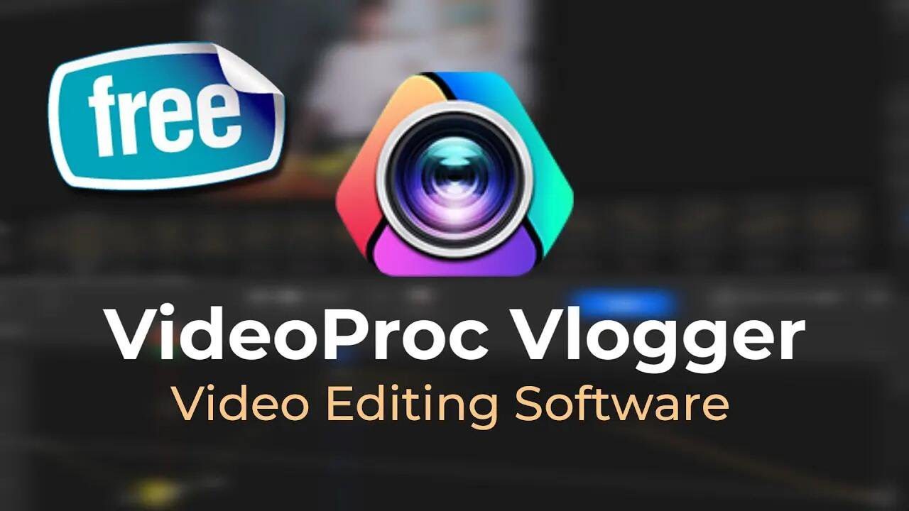 Image showing a digital banner for VideoProc Vlogger video editing software. The banner includes a stylized camera icon with colorful accents at the center and the words "VideoProc Vlogger" in bold white letters below, followed by "Video Editing Software" in gold. A "free" sticker featuring haxNode is in the top-left corner.