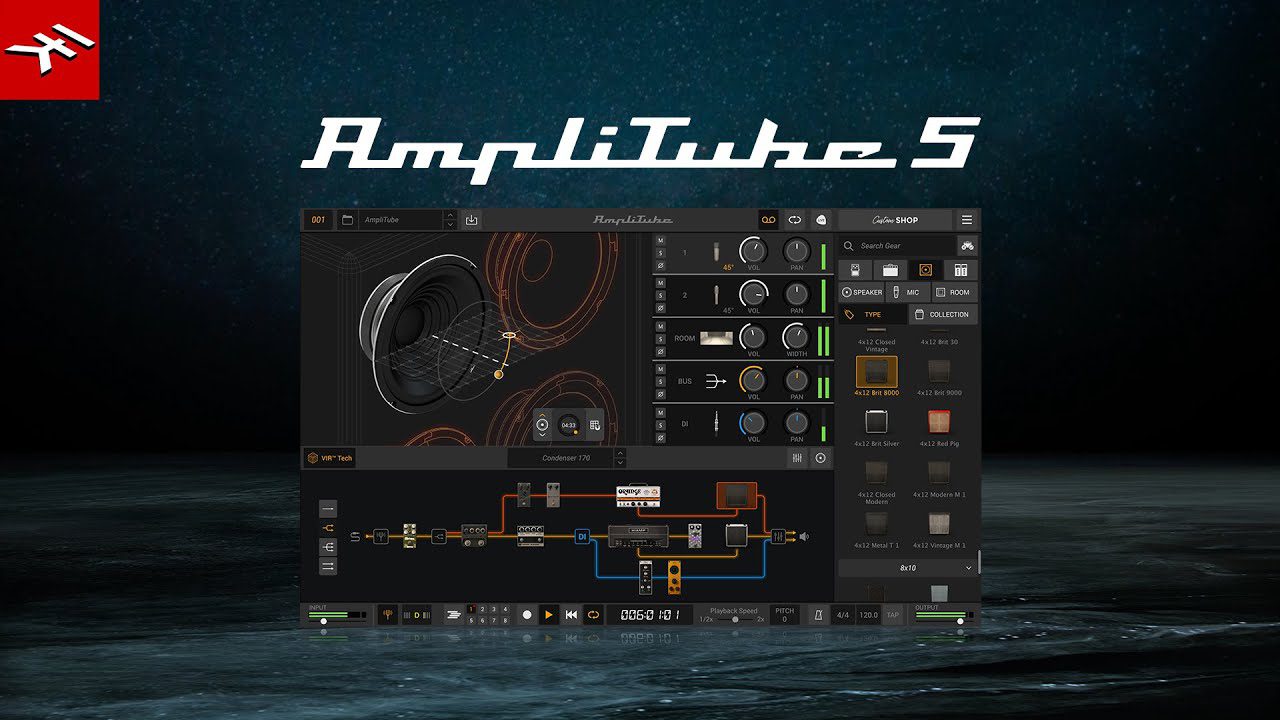 Screenshot of the AmpliTube 5.7.4 interface by IK Multimedia, featuring various guitar amp and effect pedal simulations. The controls include virtual knobs, buttons, and visual representations of equipment, all set against a dark, starry background.