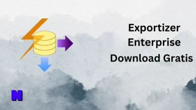 Image shows a light gray textured background with dark gray clouds at the bottom. On the left, there is a graphic of three yellow database server icons with arrows pointing to the left, right, and down. On the right, black text reads "Exportizer Enterprise Download Gratis" from KhanPC Loader.